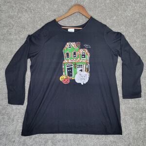 Only necessities Black Haunted House Kitty Halloween Long Sleeve Shirt Size XL